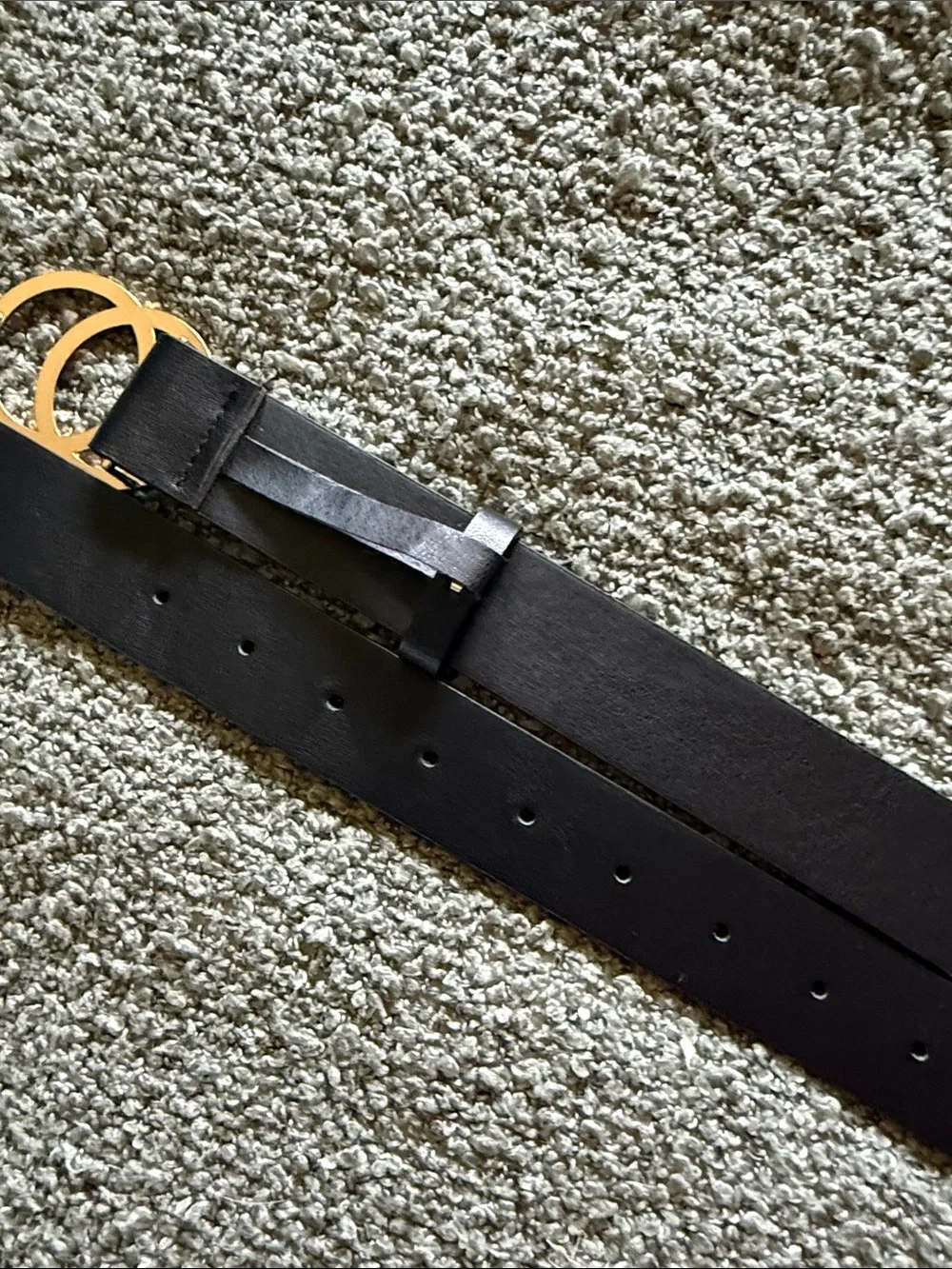 Black Leather Belt with Gold Double-Ring Buckle